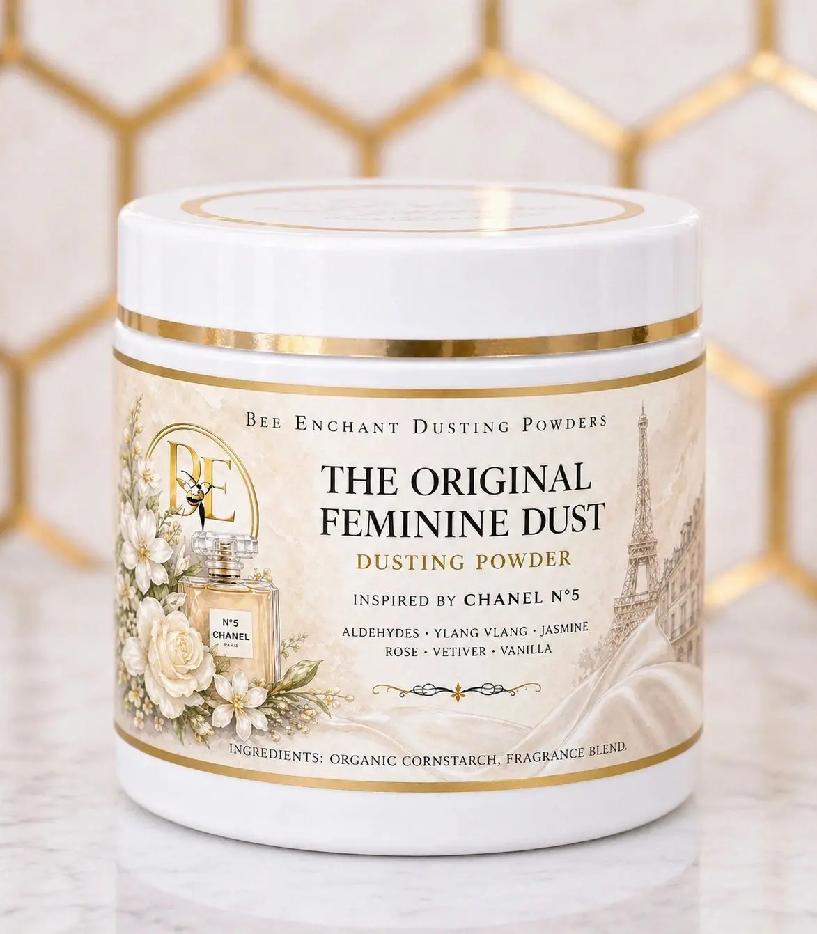 Feminine dusting powder with floral scent