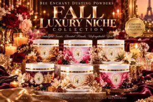 Luxurious collection of bee enchant dusting powders, with boxes, flowers, candles, and other objects arranged on a cloth