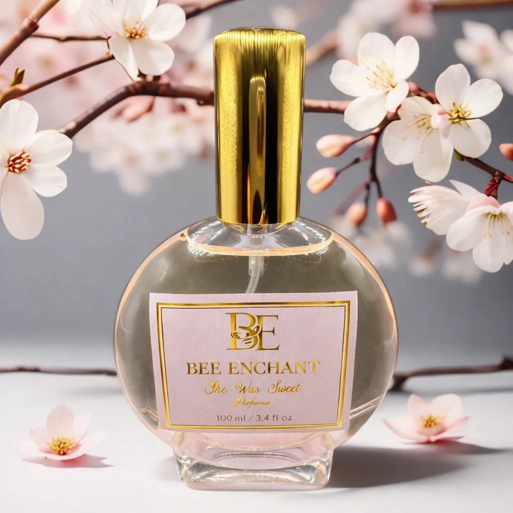 Bottle of bee enchant she was sweet perfume sitting atop a table, surrounded by a few flowers