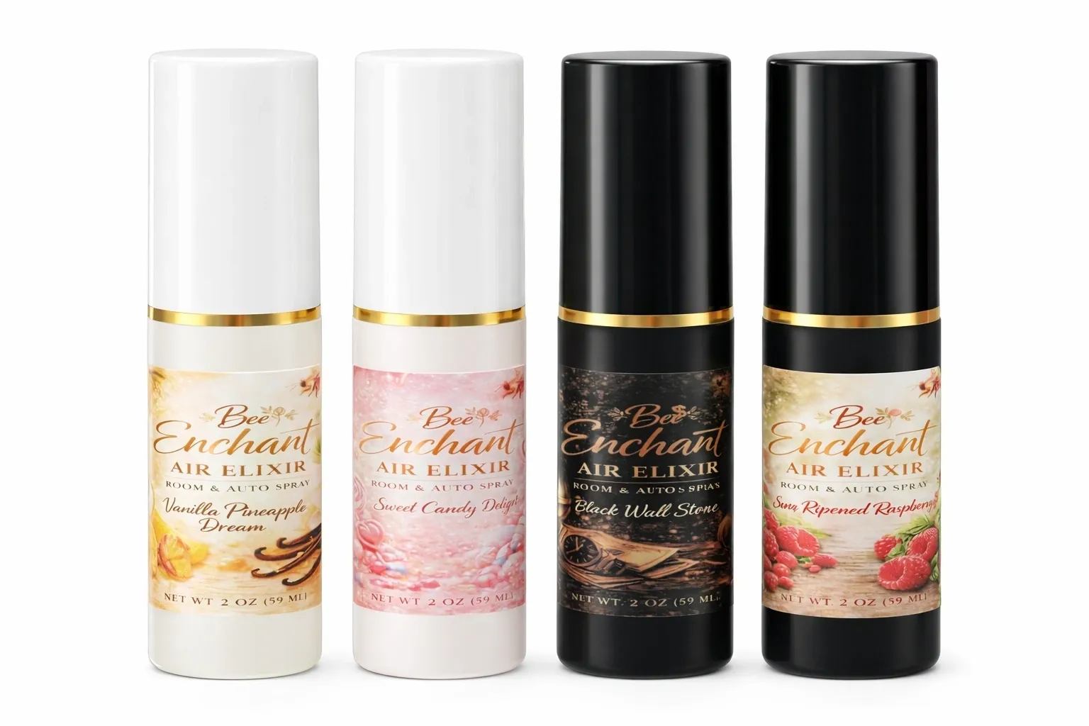 Three bottles of bee-enchant air elixir on a white background