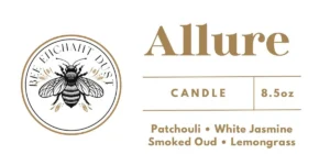 Logo of an allure bee with the words "allure patchouli, white jasmine, smoked oud, lemongrass" written underneath