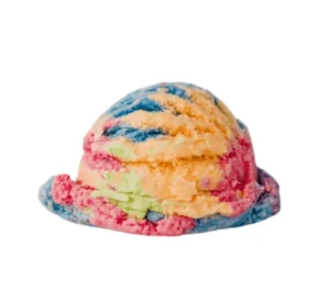 Colorful ice cream cone on a white background, with a rainbow of colors including pink, blue, yellow, green, and orange
